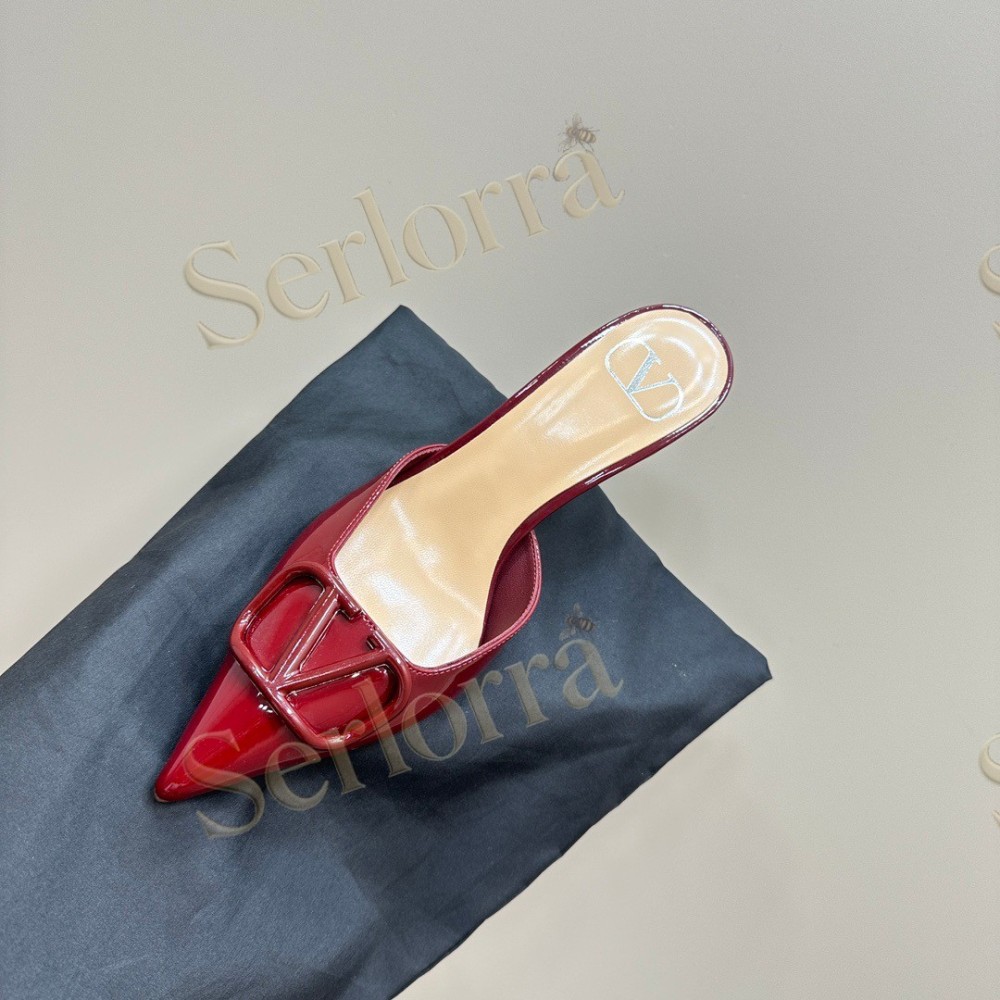 VALENTINO GARAVANI VLOGO PATENT LEATHER POINTED‑TOE STILETTO MULES