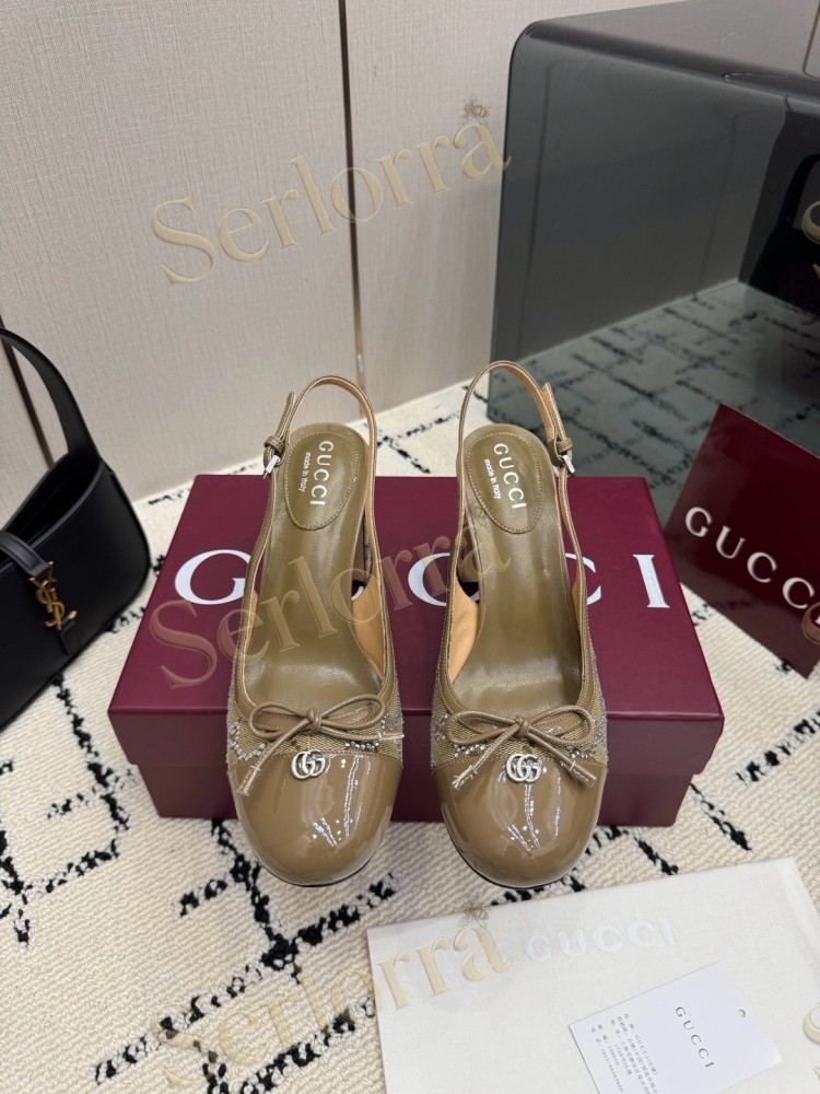 GUCCI DOUBLE G BOW CRYSTAL CANVAS PATENT LEATHER SLINGBACK PUMPS