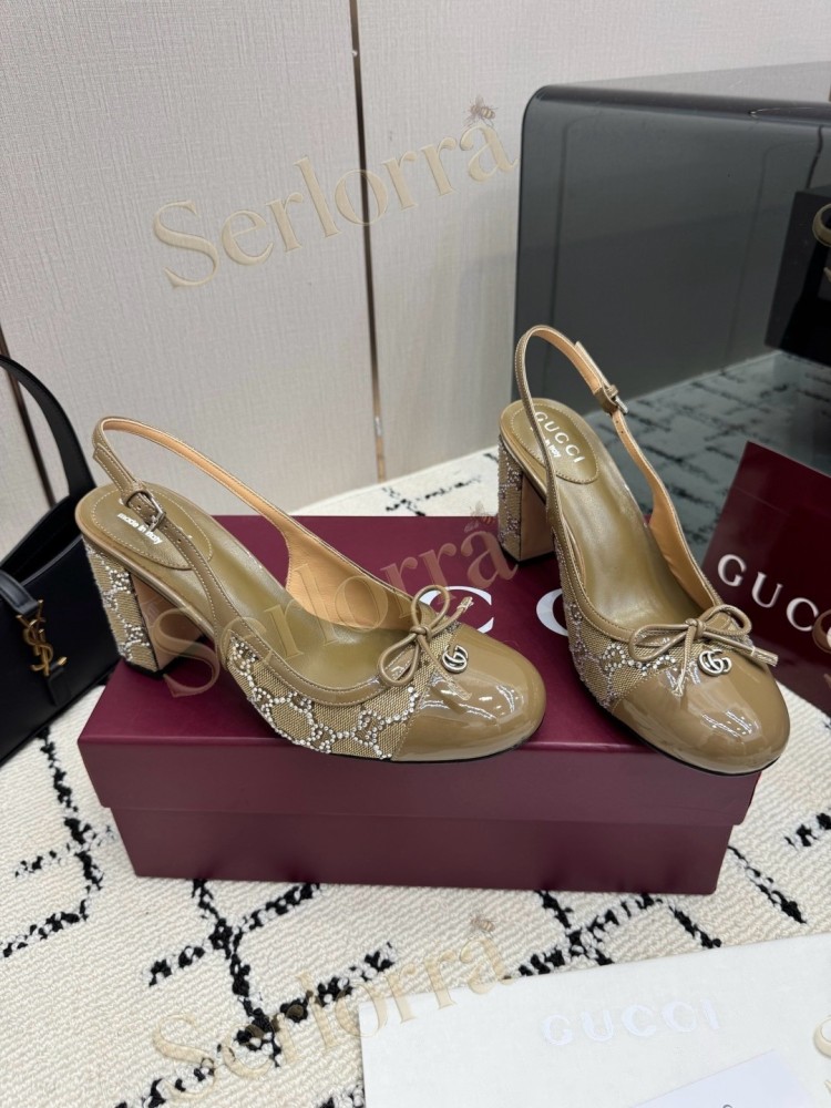 GUCCI DOUBLE G BOW CRYSTAL CANVAS PATENT LEATHER SLINGBACK PUMPS