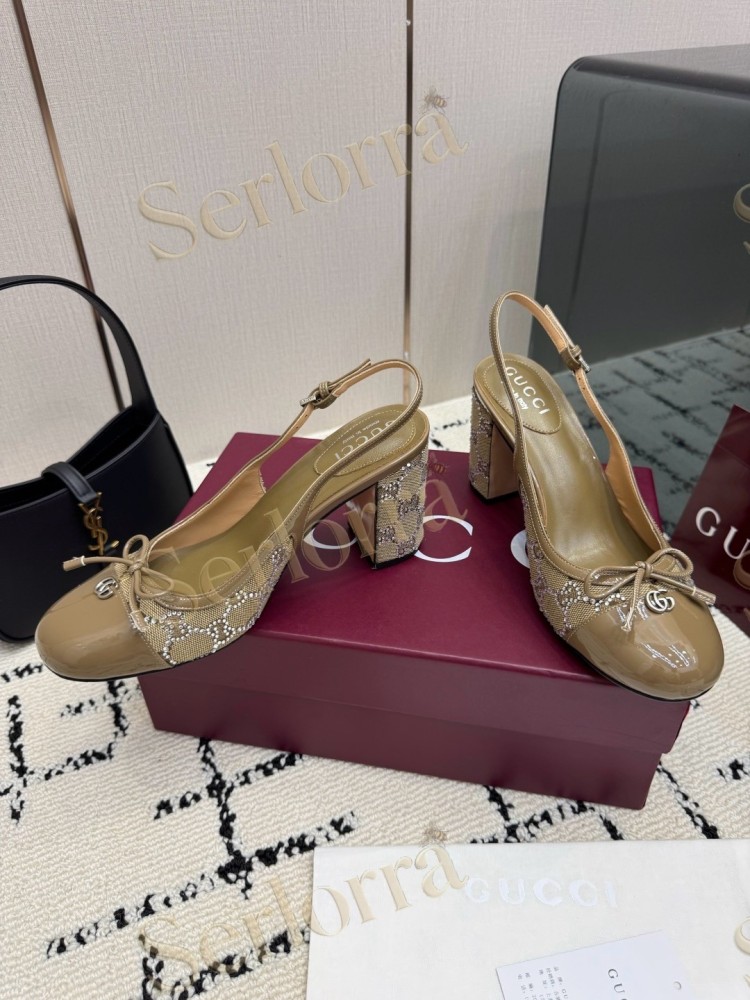 GUCCI DOUBLE G BOW CRYSTAL CANVAS PATENT LEATHER SLINGBACK PUMPS