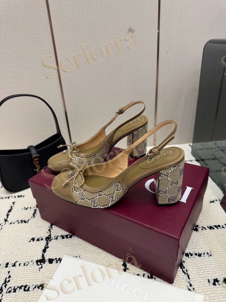 GUCCI DOUBLE G BOW CRYSTAL CANVAS PATENT LEATHER SLINGBACK PUMPS