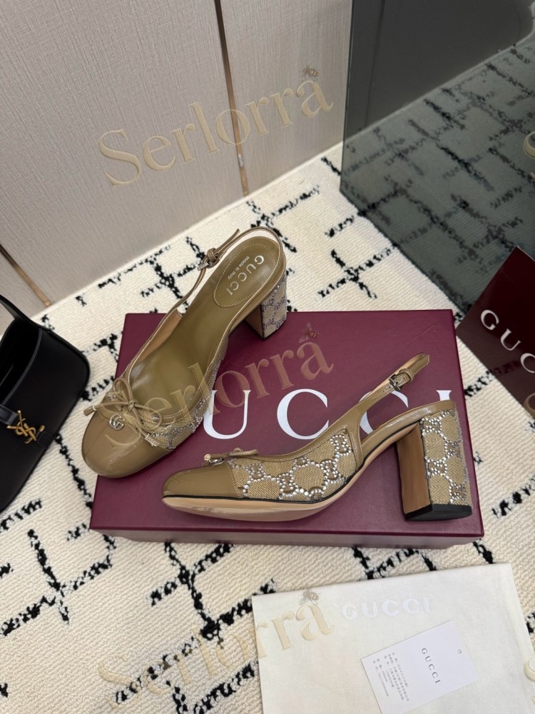 GUCCI DOUBLE G BOW CRYSTAL CANVAS PATENT LEATHER SLINGBACK PUMPS