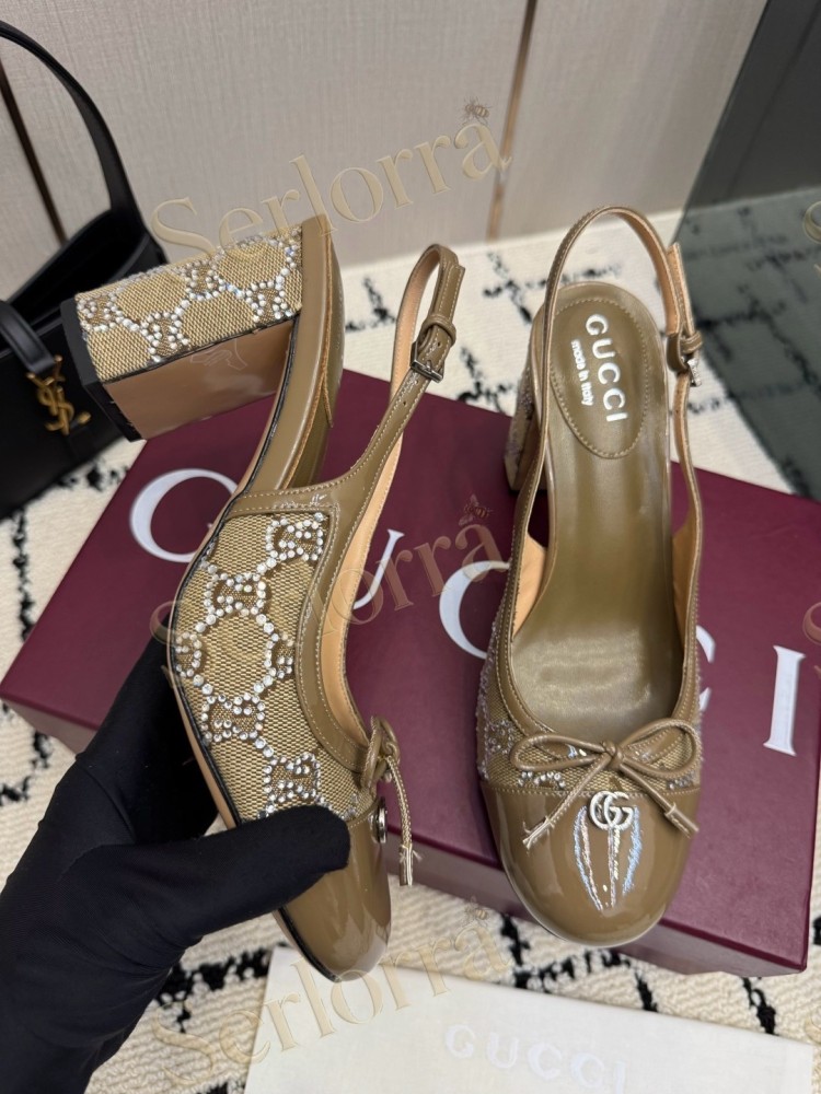 GUCCI DOUBLE G BOW CRYSTAL CANVAS PATENT LEATHER SLINGBACK PUMPS