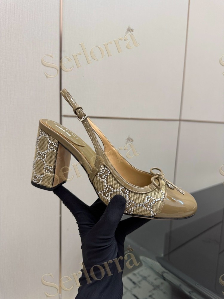 GUCCI DOUBLE G BOW CRYSTAL CANVAS PATENT LEATHER SLINGBACK PUMPS