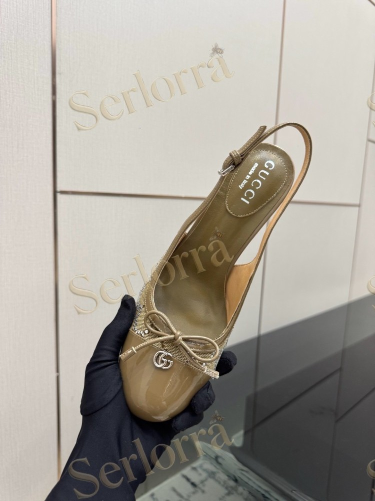GUCCI DOUBLE G BOW CRYSTAL CANVAS PATENT LEATHER SLINGBACK PUMPS