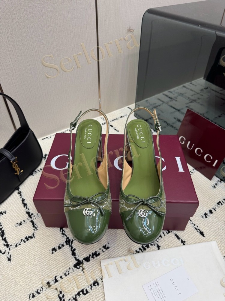 GUCCI DOUBLE G BOW CRYSTAL CANVAS PATENT LEATHER SLINGBACK PUMPS