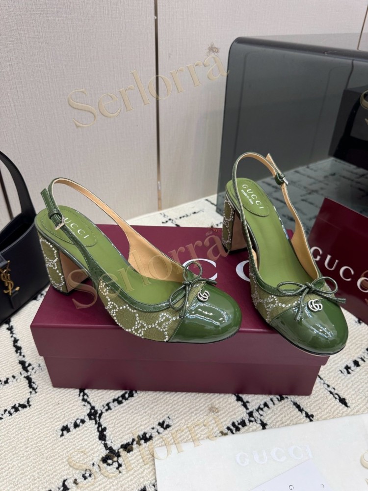 GUCCI DOUBLE G BOW CRYSTAL CANVAS PATENT LEATHER SLINGBACK PUMPS