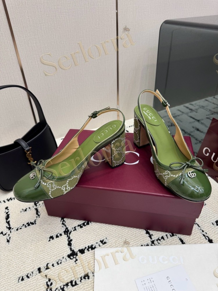 GUCCI DOUBLE G BOW CRYSTAL CANVAS PATENT LEATHER SLINGBACK PUMPS