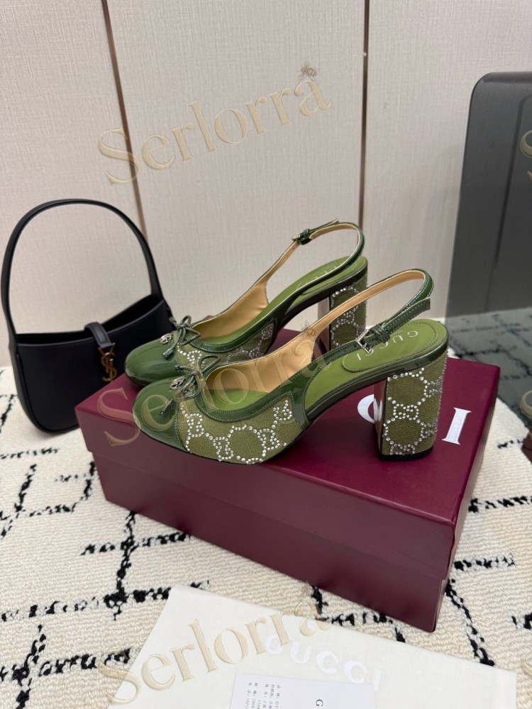 GUCCI DOUBLE G BOW CRYSTAL CANVAS PATENT LEATHER SLINGBACK PUMPS
