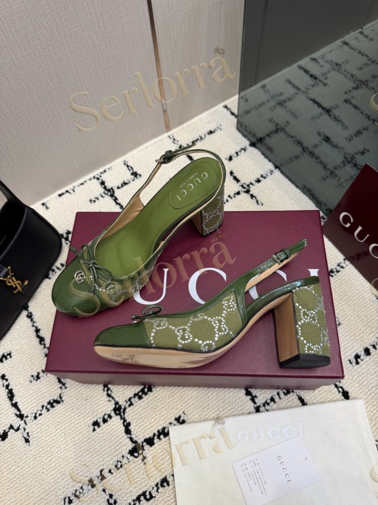 GUCCI DOUBLE G BOW CRYSTAL CANVAS PATENT LEATHER SLINGBACK PUMPS