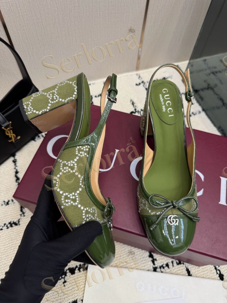 GUCCI DOUBLE G BOW CRYSTAL CANVAS PATENT LEATHER SLINGBACK PUMPS