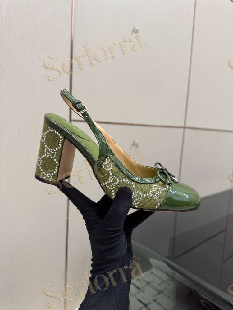 GUCCI DOUBLE G BOW CRYSTAL CANVAS PATENT LEATHER SLINGBACK PUMPS
