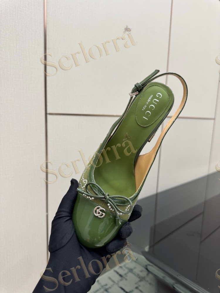 GUCCI DOUBLE G BOW CRYSTAL CANVAS PATENT LEATHER SLINGBACK PUMPS