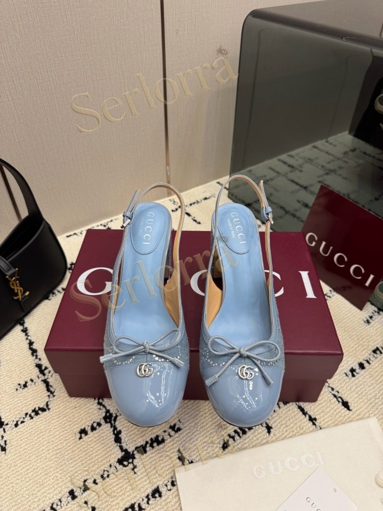 GUCCI DOUBLE G BOW CRYSTAL CANVAS PATENT LEATHER SLINGBACK PUMPS
