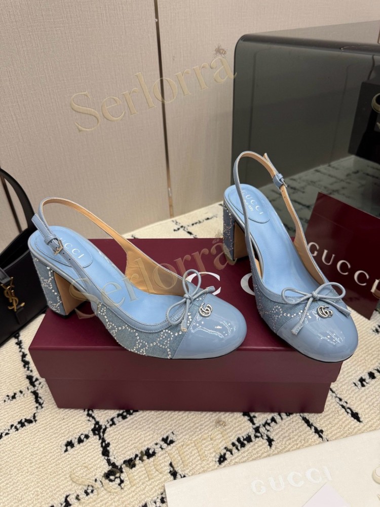GUCCI DOUBLE G BOW CRYSTAL CANVAS PATENT LEATHER SLINGBACK PUMPS