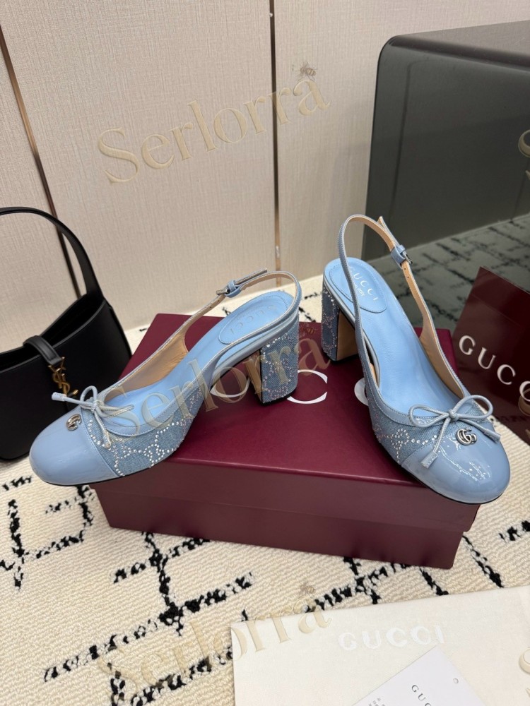 GUCCI DOUBLE G BOW CRYSTAL CANVAS PATENT LEATHER SLINGBACK PUMPS