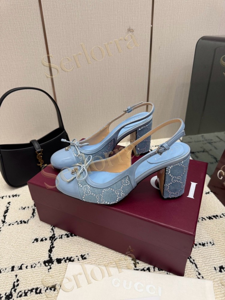 GUCCI DOUBLE G BOW CRYSTAL CANVAS PATENT LEATHER SLINGBACK PUMPS