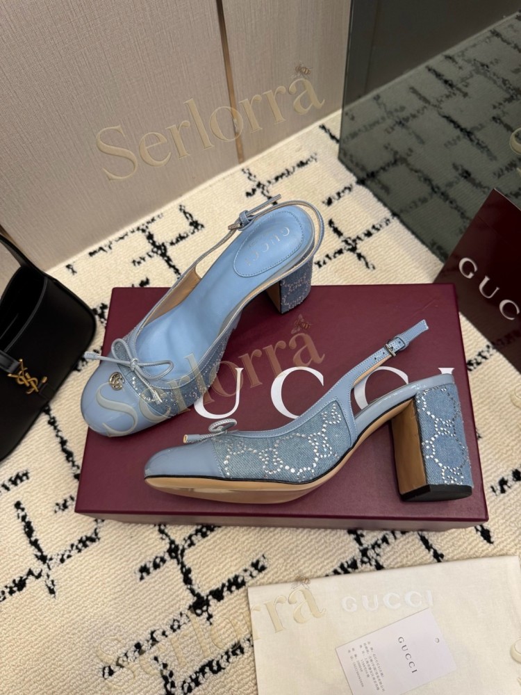 GUCCI DOUBLE G BOW CRYSTAL CANVAS PATENT LEATHER SLINGBACK PUMPS