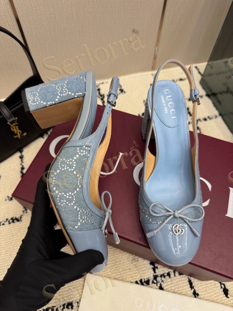 GUCCI DOUBLE G BOW CRYSTAL CANVAS PATENT LEATHER SLINGBACK PUMPS