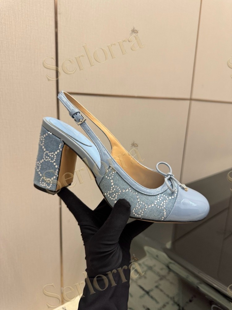 GUCCI DOUBLE G BOW CRYSTAL CANVAS PATENT LEATHER SLINGBACK PUMPS