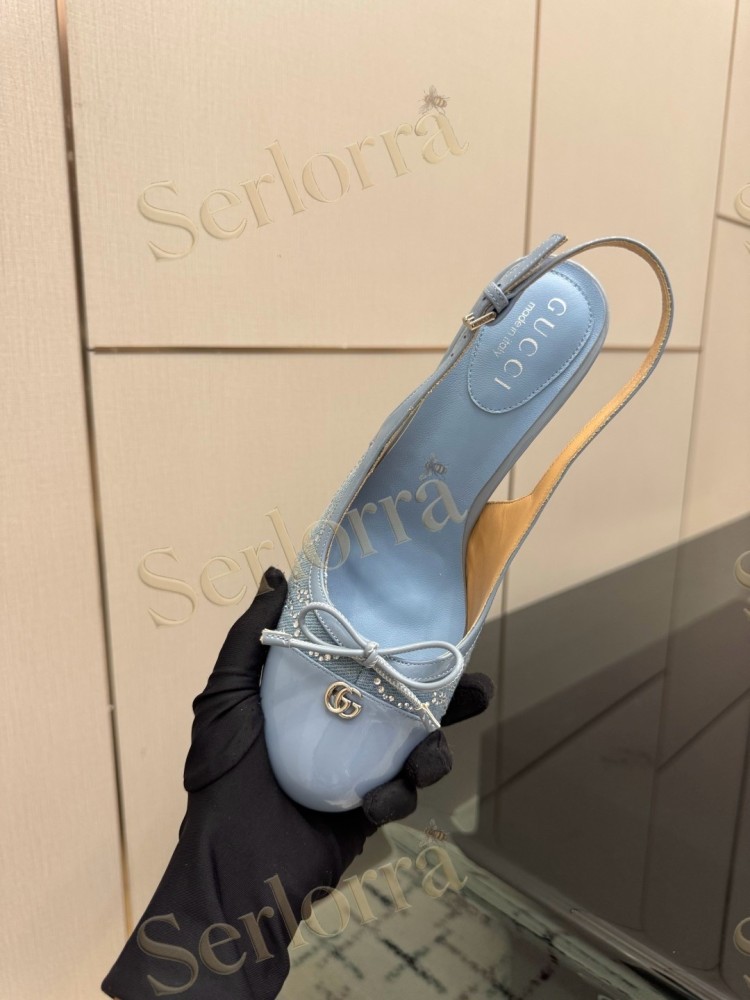 GUCCI DOUBLE G BOW CRYSTAL CANVAS PATENT LEATHER SLINGBACK PUMPS