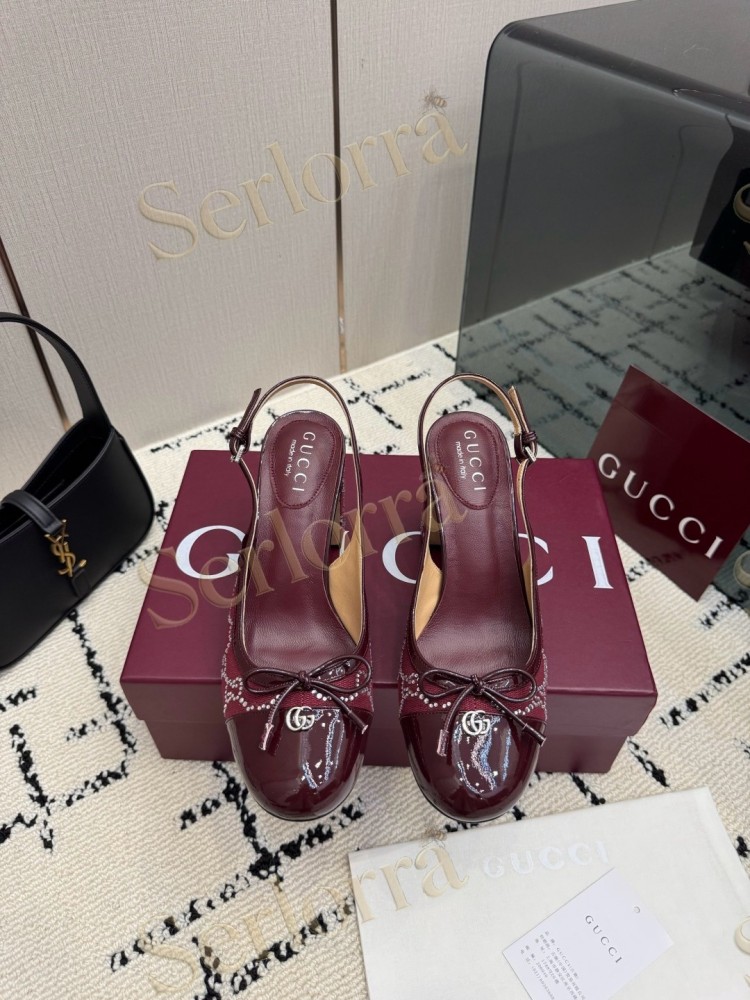GUCCI DOUBLE G BOW CRYSTAL CANVAS PATENT LEATHER SLINGBACK PUMPS