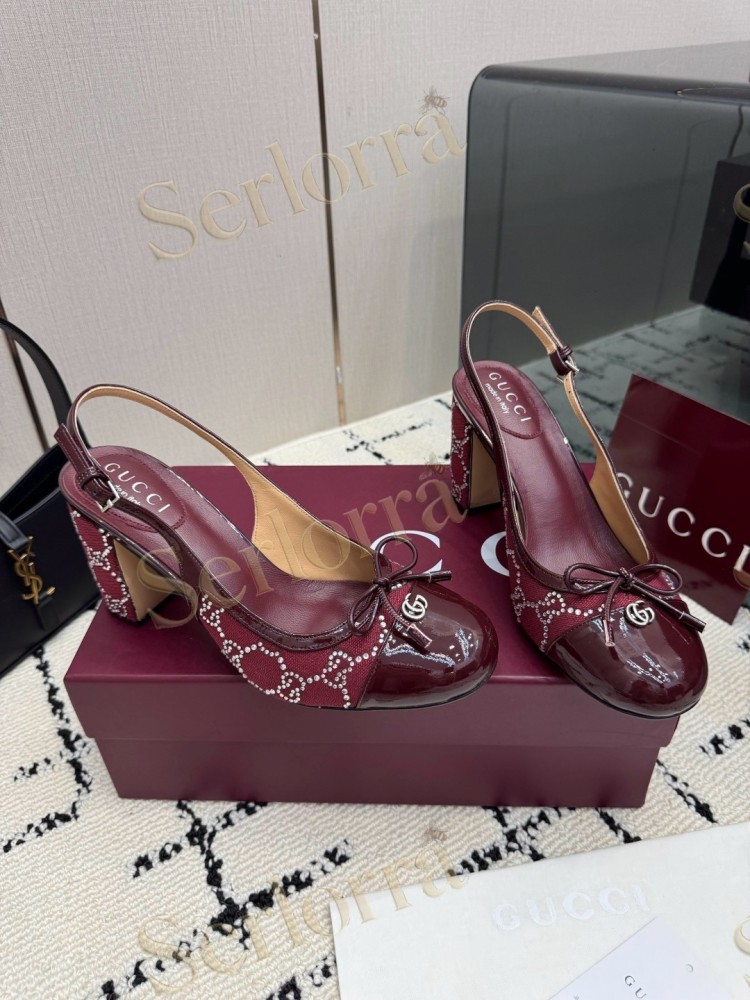 GUCCI DOUBLE G BOW CRYSTAL CANVAS PATENT LEATHER SLINGBACK PUMPS