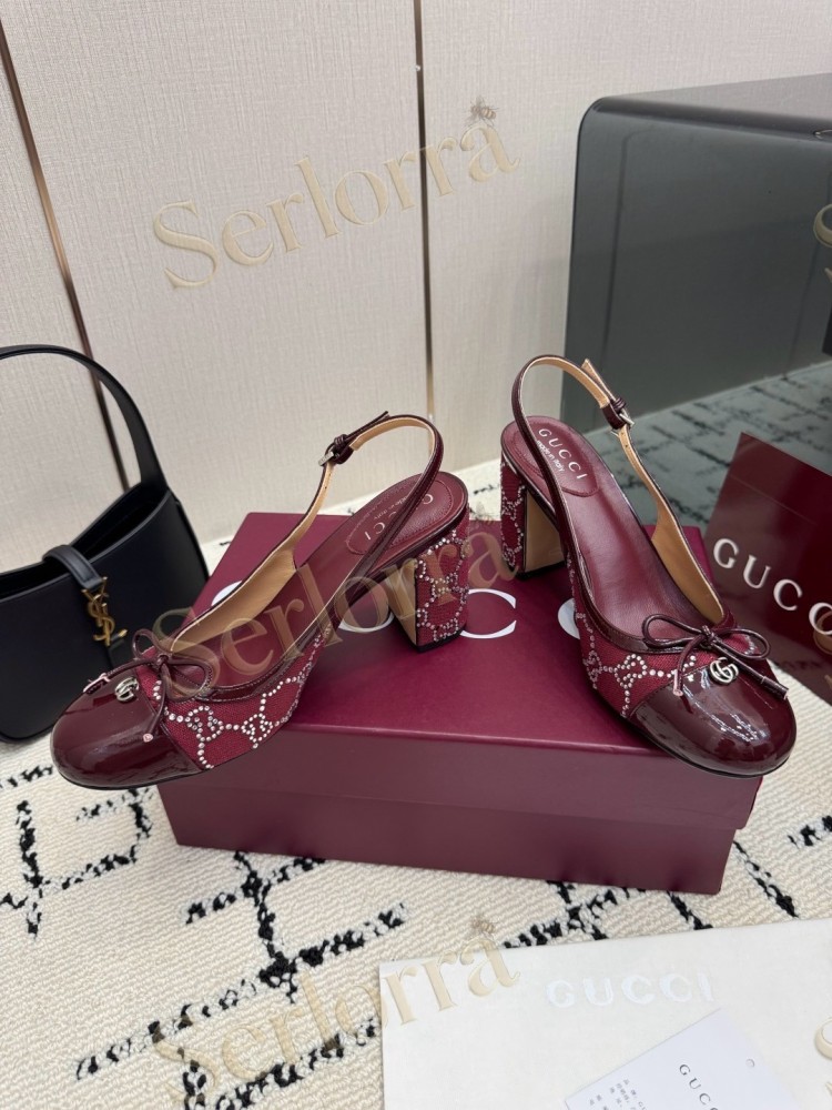 GUCCI DOUBLE G BOW CRYSTAL CANVAS PATENT LEATHER SLINGBACK PUMPS