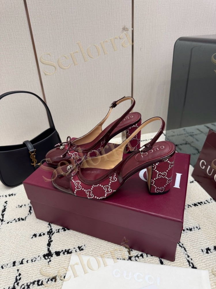 GUCCI DOUBLE G BOW CRYSTAL CANVAS PATENT LEATHER SLINGBACK PUMPS
