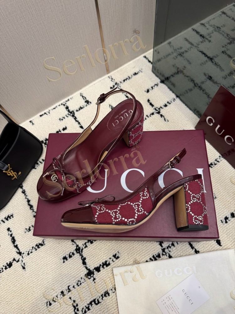 GUCCI DOUBLE G BOW CRYSTAL CANVAS PATENT LEATHER SLINGBACK PUMPS