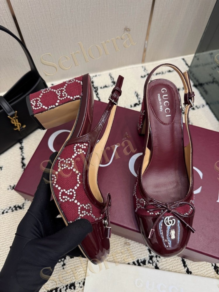 GUCCI DOUBLE G BOW CRYSTAL CANVAS PATENT LEATHER SLINGBACK PUMPS