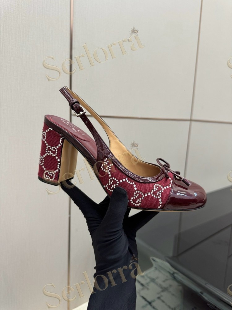 GUCCI DOUBLE G BOW CRYSTAL CANVAS PATENT LEATHER SLINGBACK PUMPS