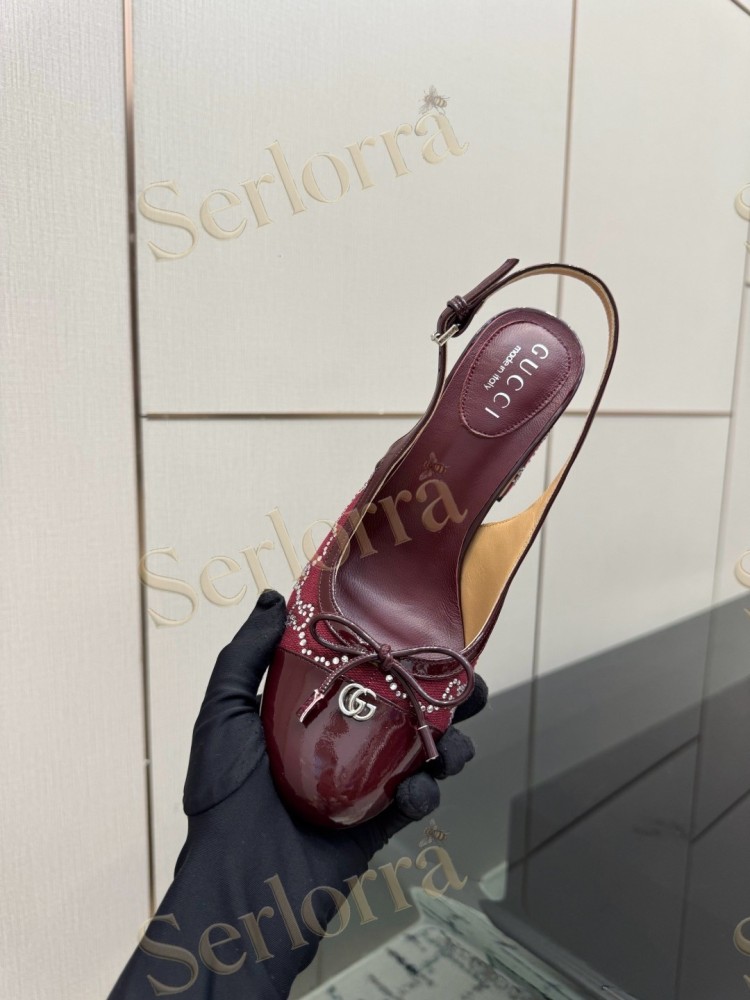 GUCCI DOUBLE G BOW CRYSTAL CANVAS PATENT LEATHER SLINGBACK PUMPS