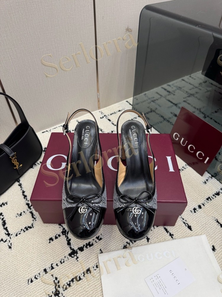 GUCCI DOUBLE G BOW CRYSTAL CANVAS PATENT LEATHER SLINGBACK PUMPS