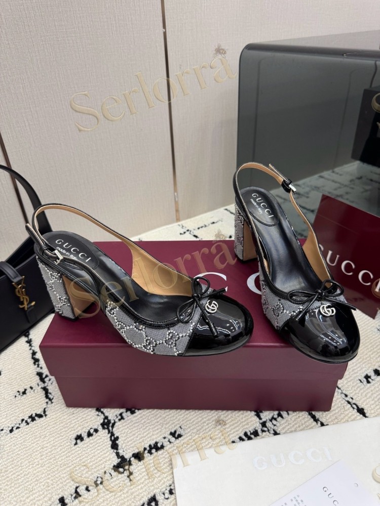 GUCCI DOUBLE G BOW CRYSTAL CANVAS PATENT LEATHER SLINGBACK PUMPS