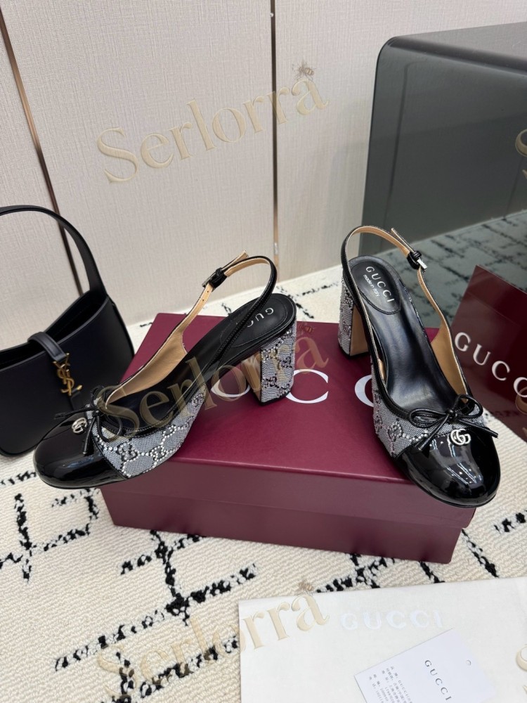 GUCCI DOUBLE G BOW CRYSTAL CANVAS PATENT LEATHER SLINGBACK PUMPS