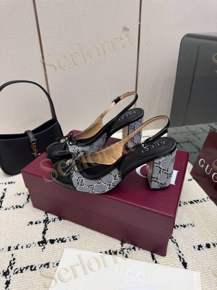 GUCCI DOUBLE G BOW CRYSTAL CANVAS PATENT LEATHER SLINGBACK PUMPS