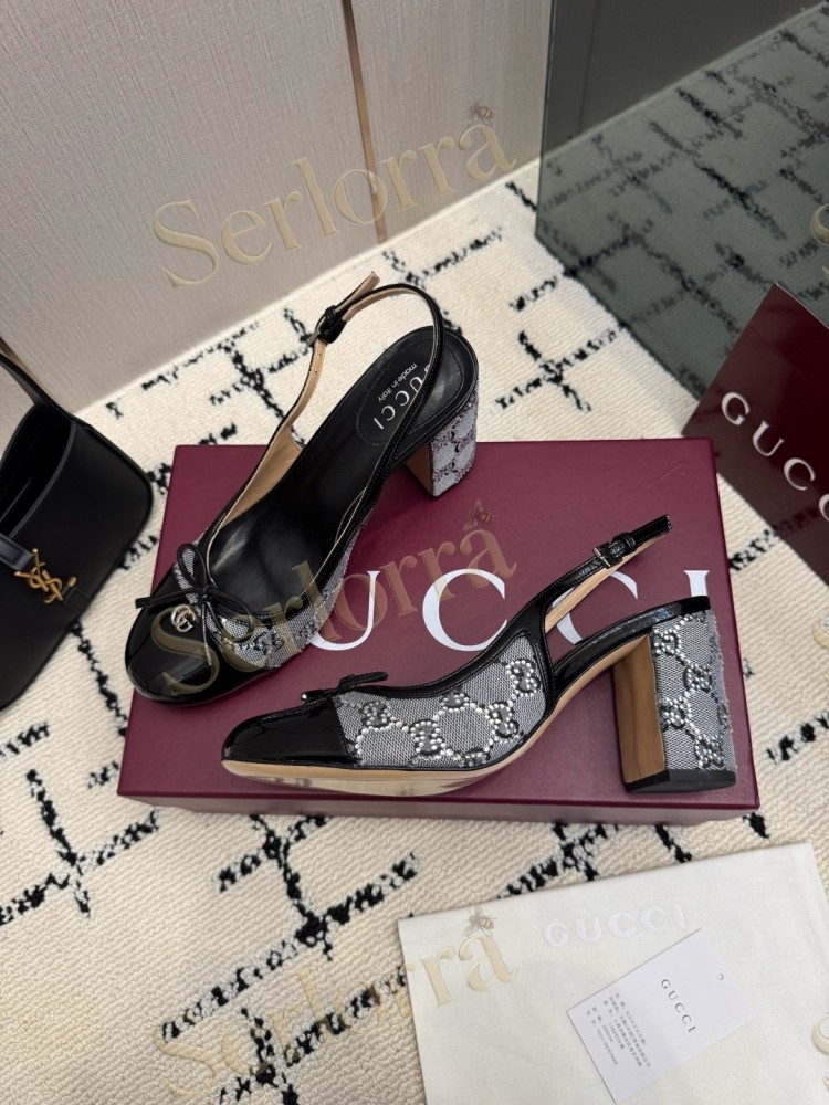 GUCCI DOUBLE G BOW CRYSTAL CANVAS PATENT LEATHER SLINGBACK PUMPS