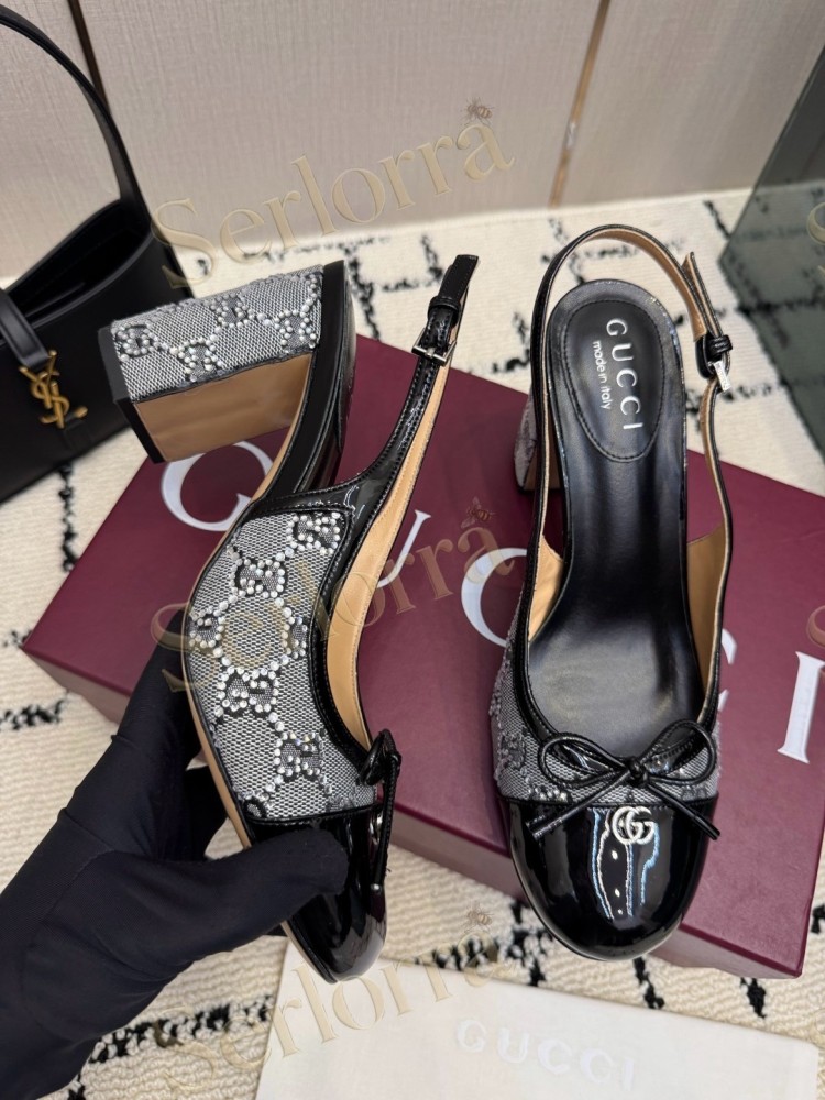 GUCCI DOUBLE G BOW CRYSTAL CANVAS PATENT LEATHER SLINGBACK PUMPS