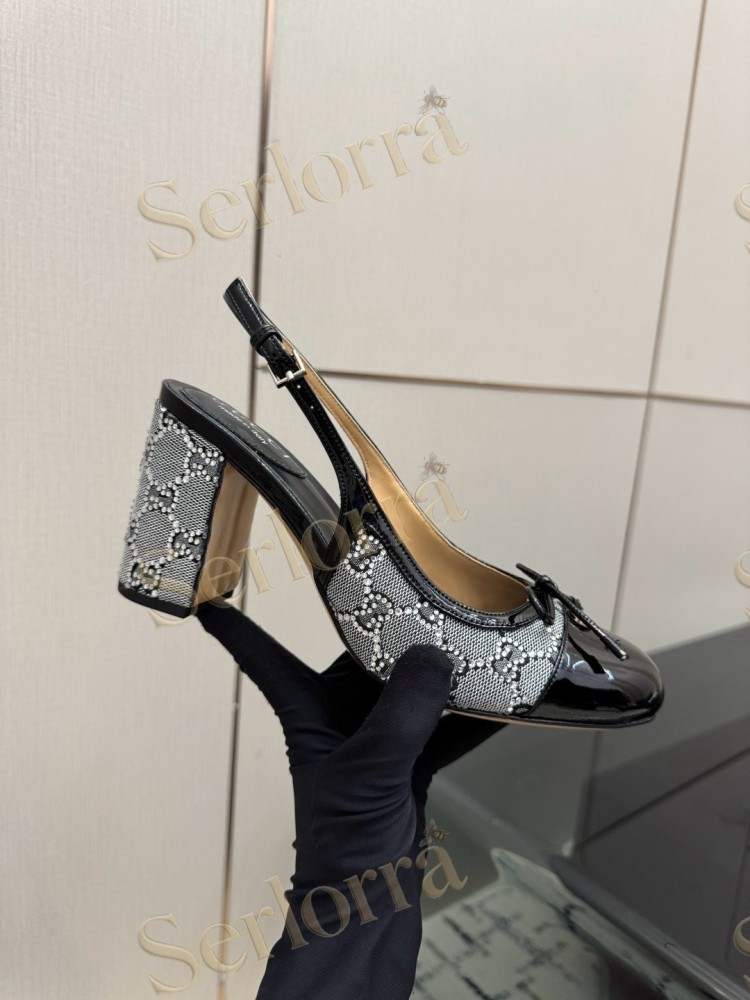 GUCCI DOUBLE G BOW CRYSTAL CANVAS PATENT LEATHER SLINGBACK PUMPS