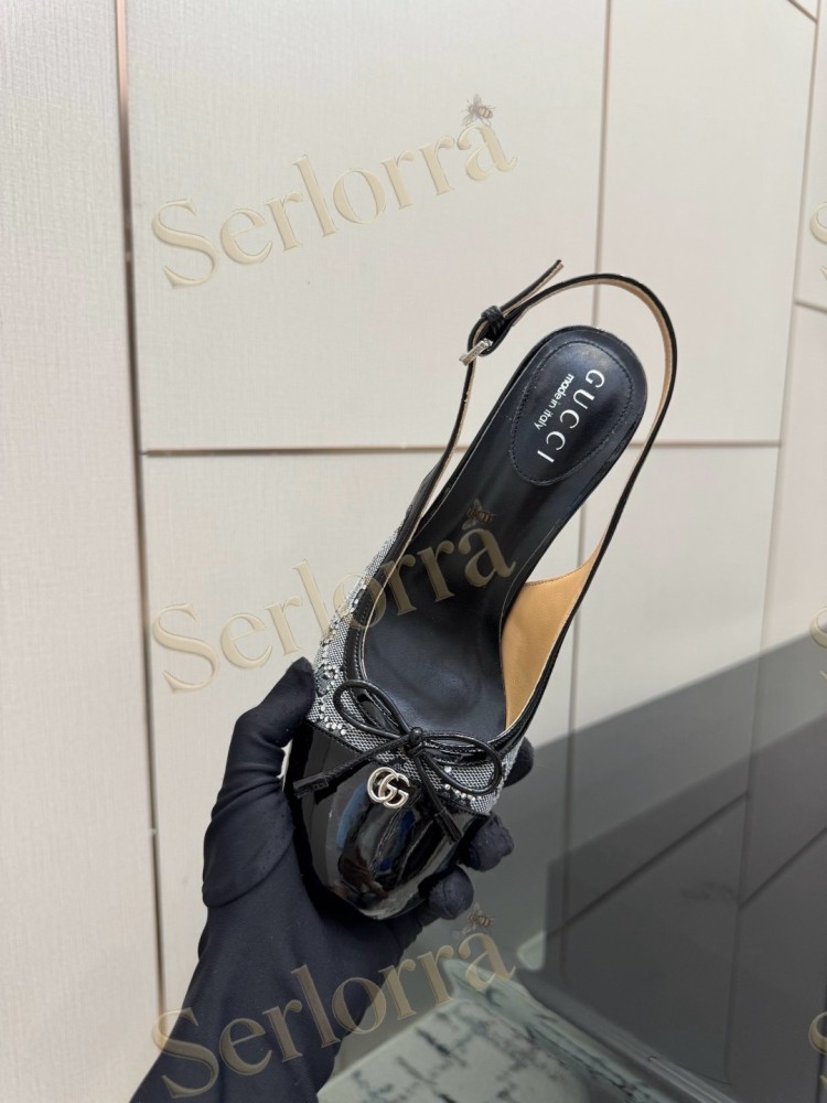 GUCCI DOUBLE G BOW CRYSTAL CANVAS PATENT LEATHER SLINGBACK PUMPS
