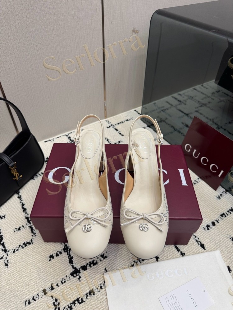 GUCCI DOUBLE G BOW CRYSTAL CANVAS PATENT LEATHER SLINGBACK PUMPS