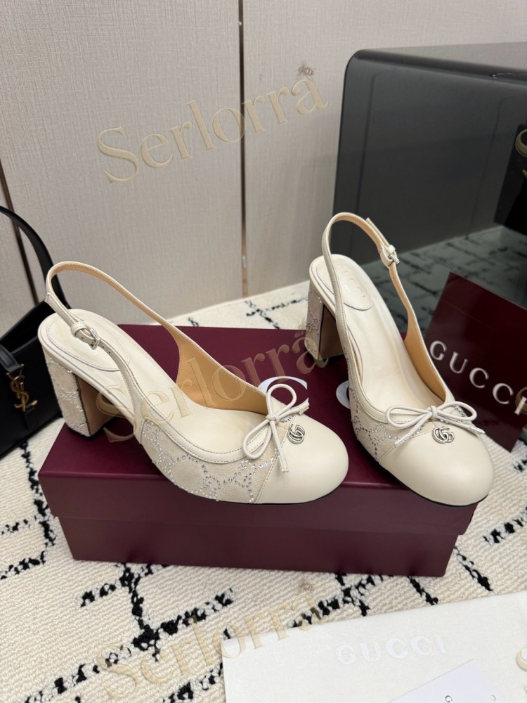 GUCCI DOUBLE G BOW CRYSTAL CANVAS PATENT LEATHER SLINGBACK PUMPS