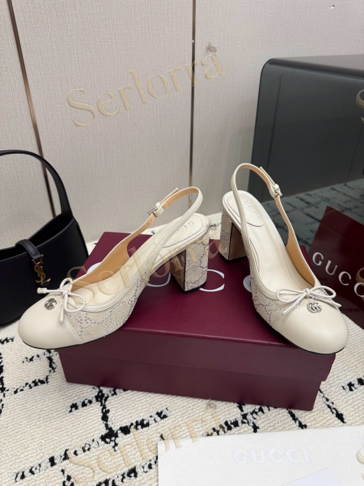 GUCCI DOUBLE G BOW CRYSTAL CANVAS PATENT LEATHER SLINGBACK PUMPS