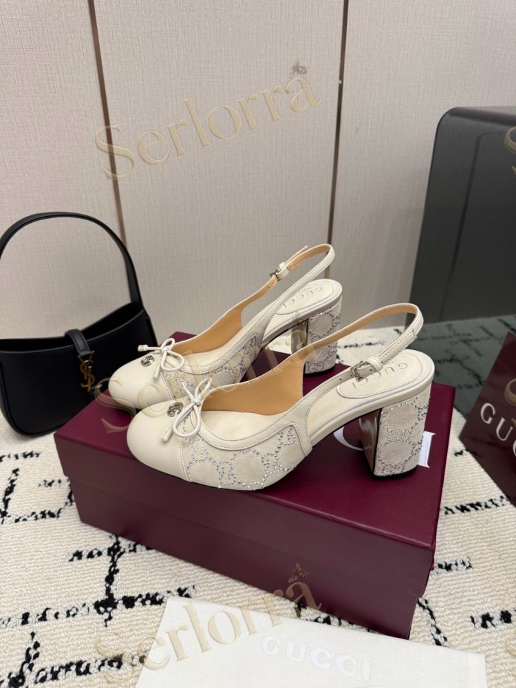 GUCCI DOUBLE G BOW CRYSTAL CANVAS PATENT LEATHER SLINGBACK PUMPS