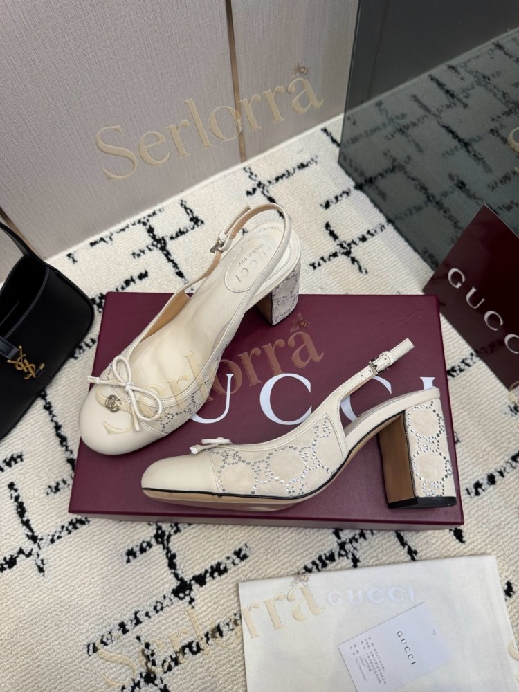 GUCCI DOUBLE G BOW CRYSTAL CANVAS PATENT LEATHER SLINGBACK PUMPS