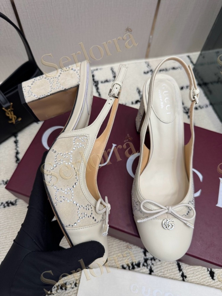 GUCCI DOUBLE G BOW CRYSTAL CANVAS PATENT LEATHER SLINGBACK PUMPS