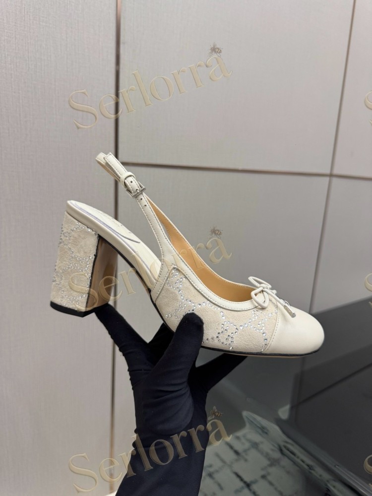 GUCCI DOUBLE G BOW CRYSTAL CANVAS PATENT LEATHER SLINGBACK PUMPS