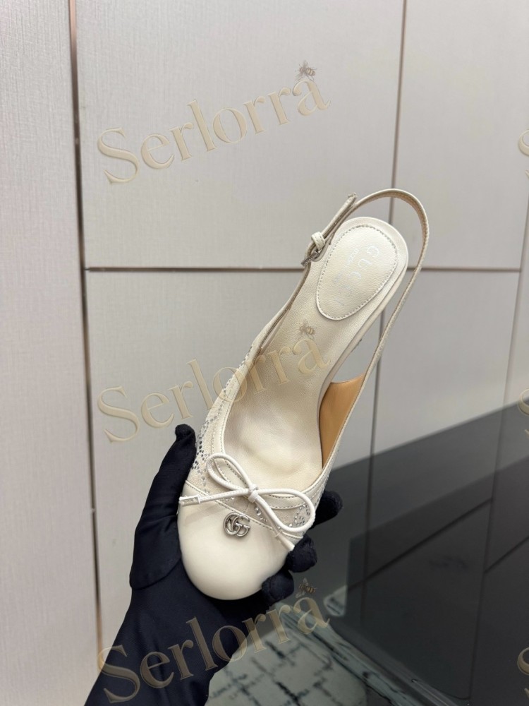 GUCCI DOUBLE G BOW CRYSTAL CANVAS PATENT LEATHER SLINGBACK PUMPS