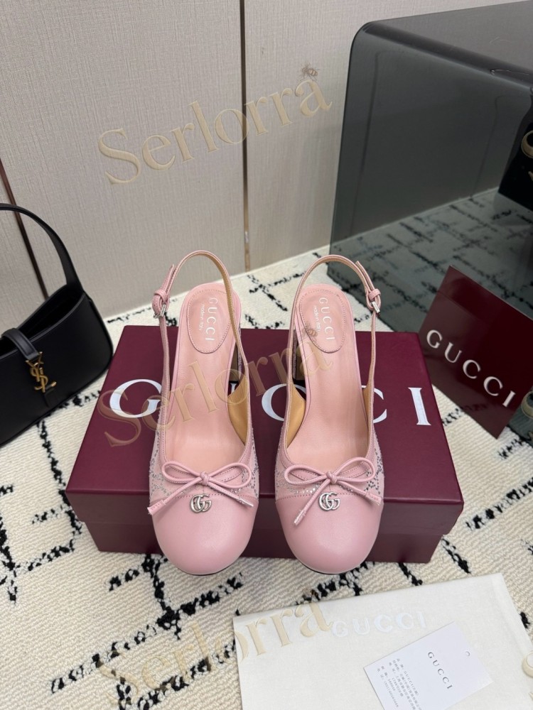 GUCCI DOUBLE G BOW CRYSTAL CANVAS PATENT LEATHER SLINGBACK PUMPS